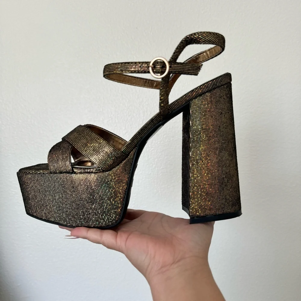 Bronze Ankle Strap Square toe Chunky  Platforms